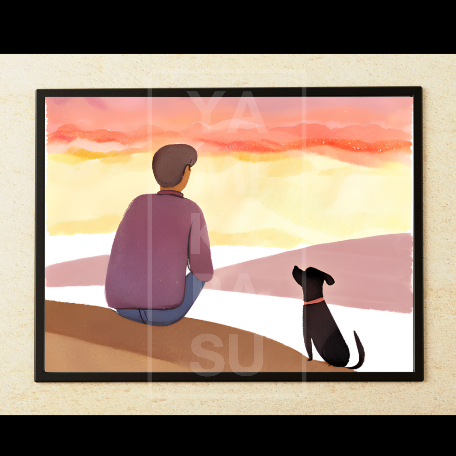 Digital watercolor artwork featuring a serene scene of a dog and his hooman sitting together, watching a vibrant sunset over a calm landscape. The colors blend softly, evoking a peaceful and warm atmosphere.