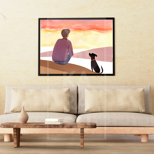 Watercolor Print of Dog and His Hooman at Sunset - Digital Artwork