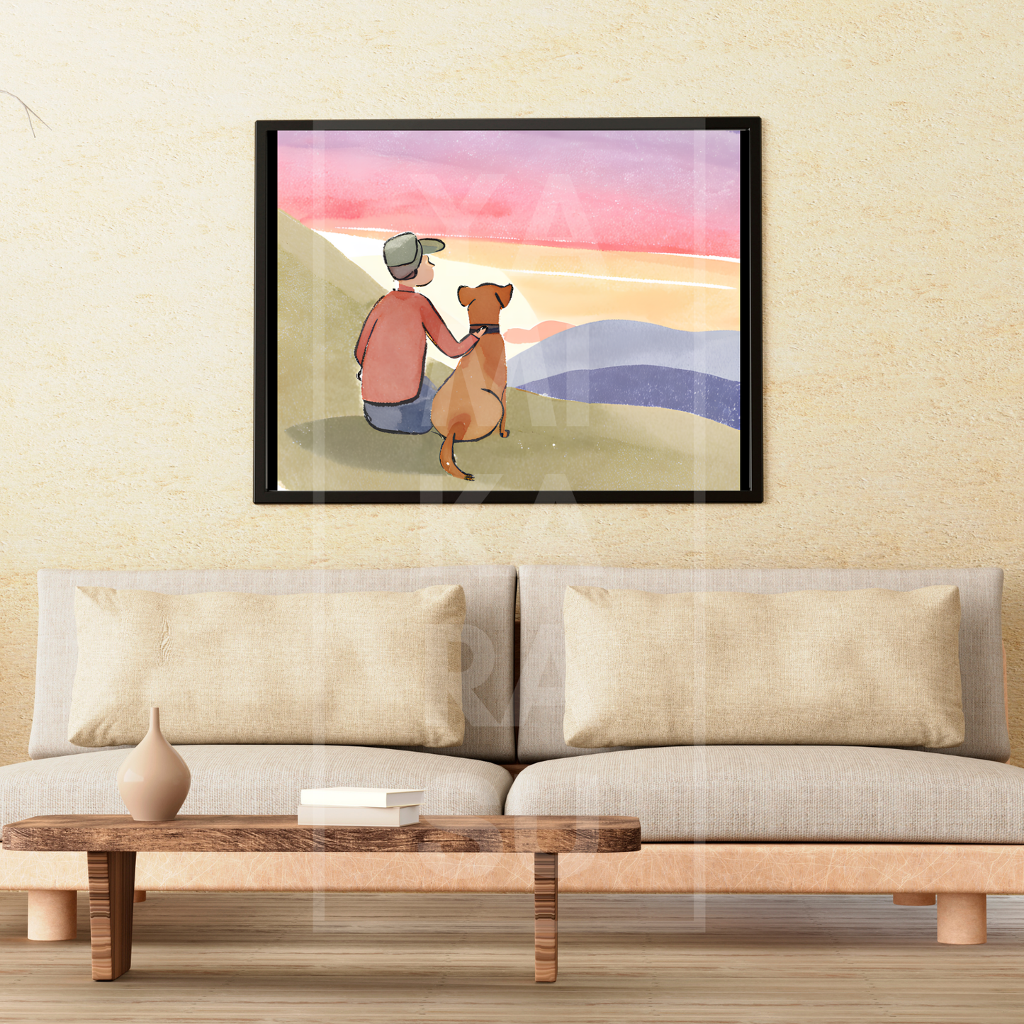 Digital Watercolor Art - Dog and His Hooman Watching Sunset