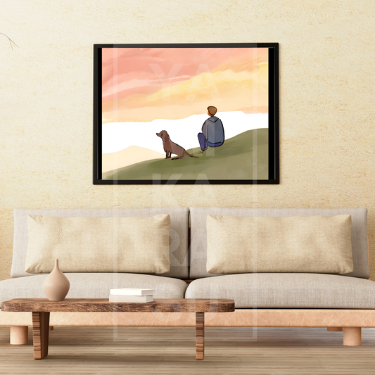 Dog and His Hooman at Sunset - Watercolor Digital Art for Wall Decor