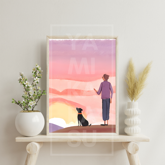 Dog and His Hooman Sunset - Digital Watercolor Art for Home, School or Office Decor