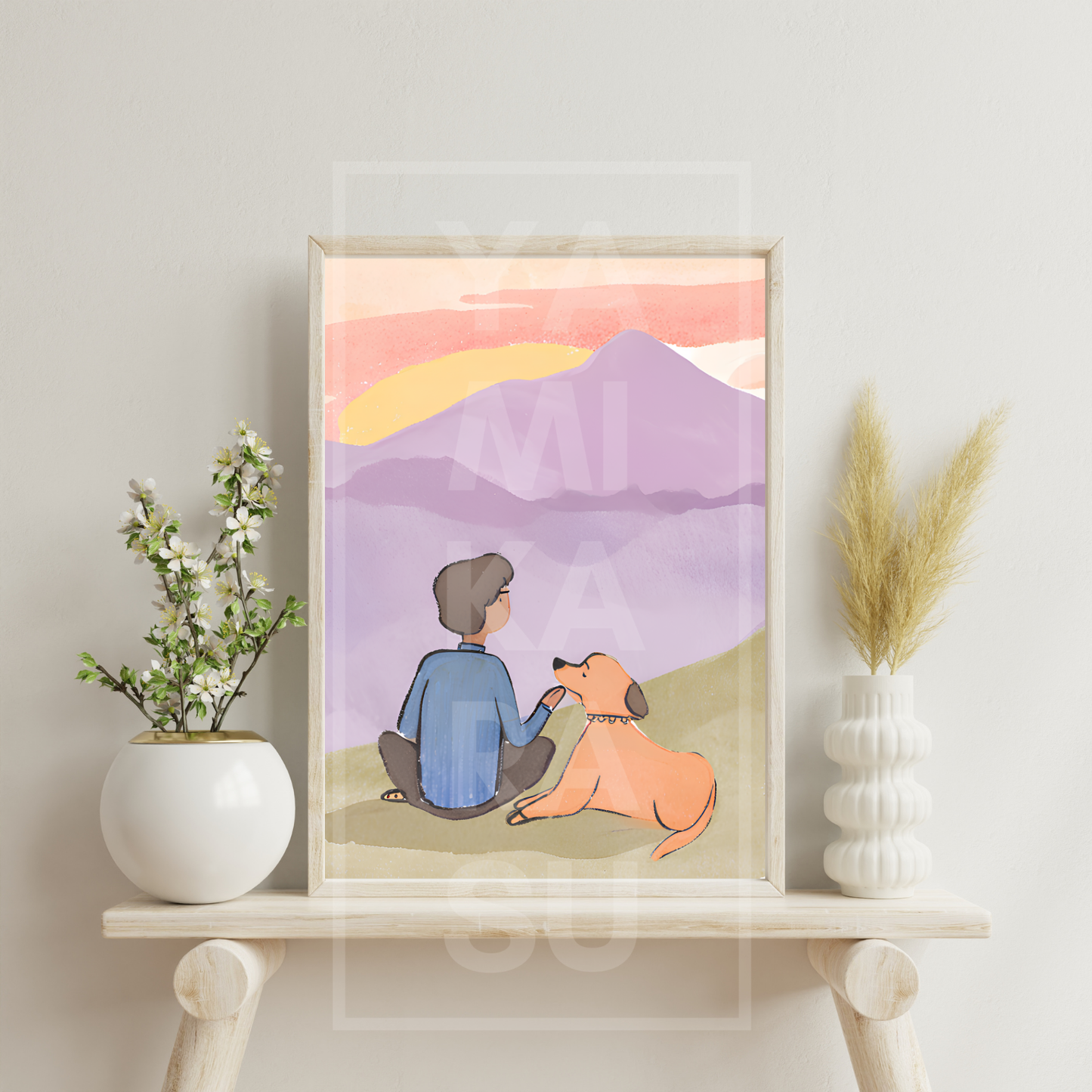 Digital Watercolor Art of Dog and His Hooman Watching Sunset