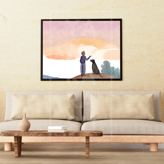 Sunset Serenity: Dog and His Hooman - Digital Watercolor Print