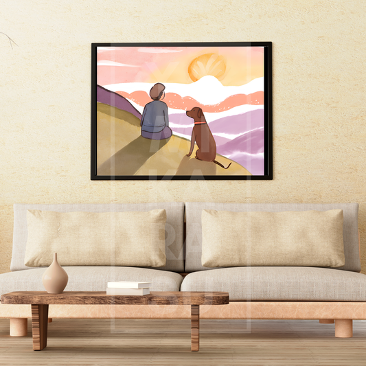 Watercolor Sunset with Dog and His Hooman - Digital Art Print