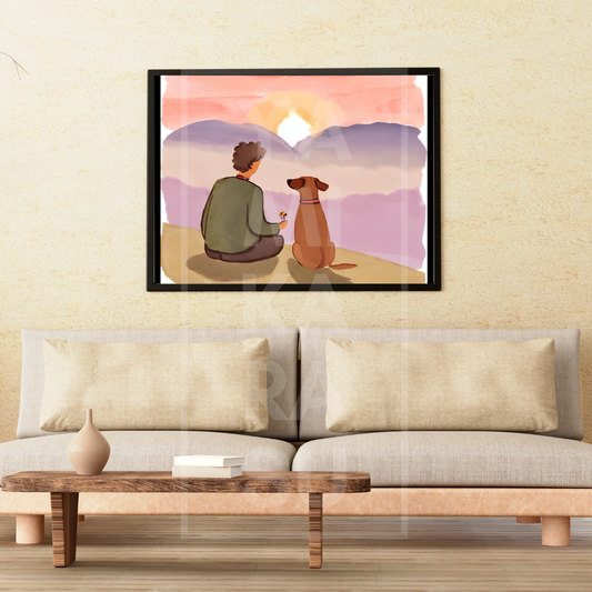 Serene Sunset with Dog and His Hooman - Digital Watercolor Print